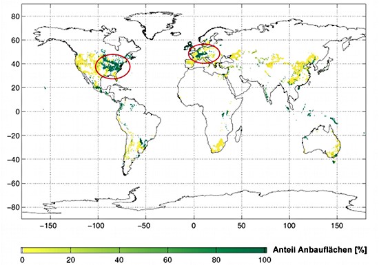 Geeignete Regionen für die Nahrungsmittelproduktion nach heutigen landwirtschaftlichen Anbaumethoden. Die roten Ellipsen zeigen die optimalen Standorte an.